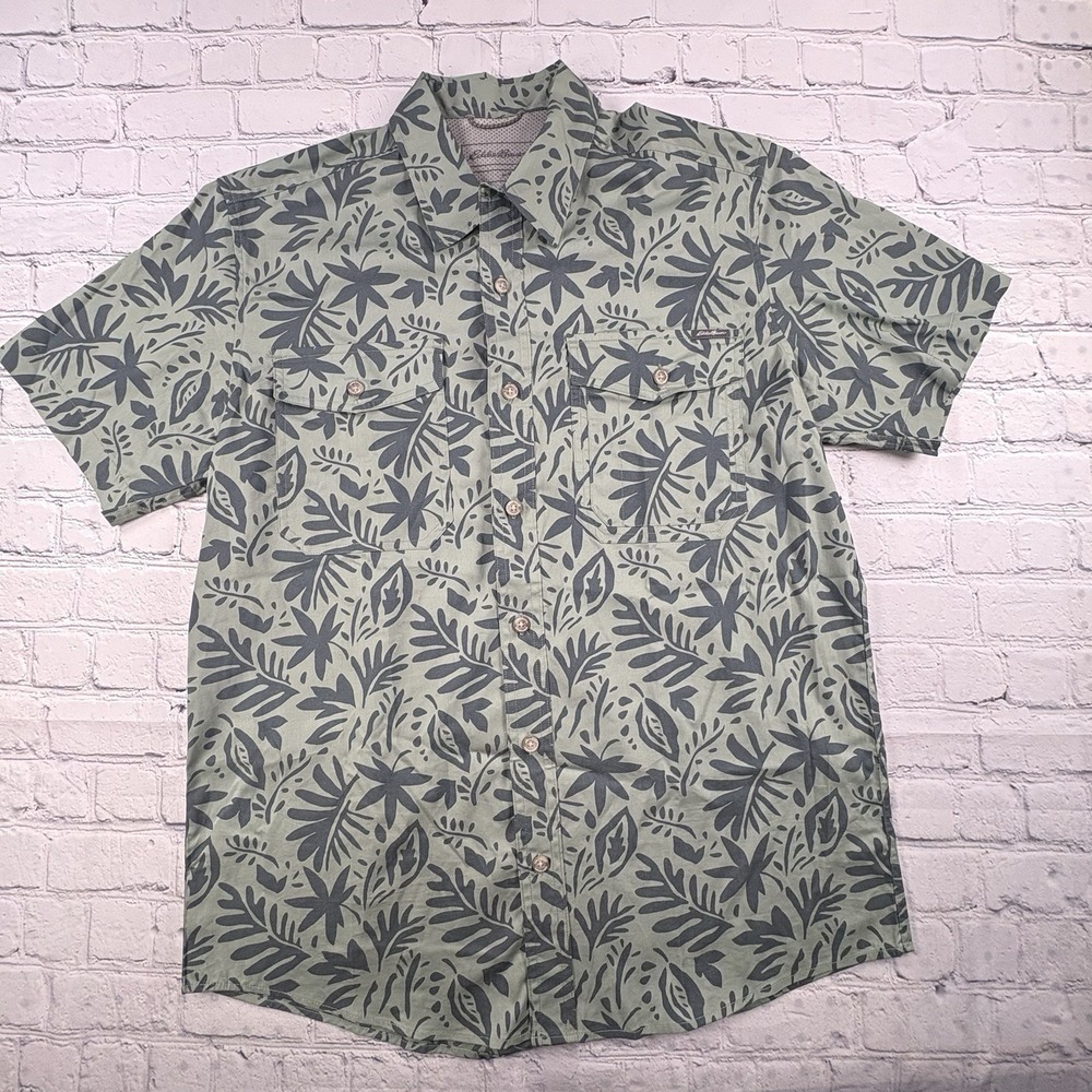 Eddie Bauer Button Down Shirt Mens Medium Green Tropical Leaf Print Casual